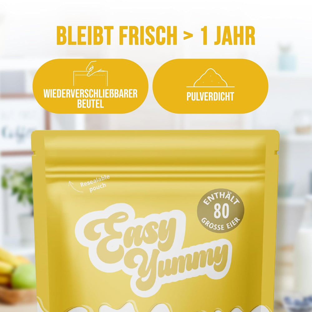EASY YUMMY - Vollei-Eipulver (1000g = 80 Eier) aus Regionalen Niederländischen Freiland-Eiern | mit 1-Ei-Messlöffel | Wiederverschließbarer Beutel, lange Haltbarkeit | Rührei, Kochen, Backen | 100% Ei