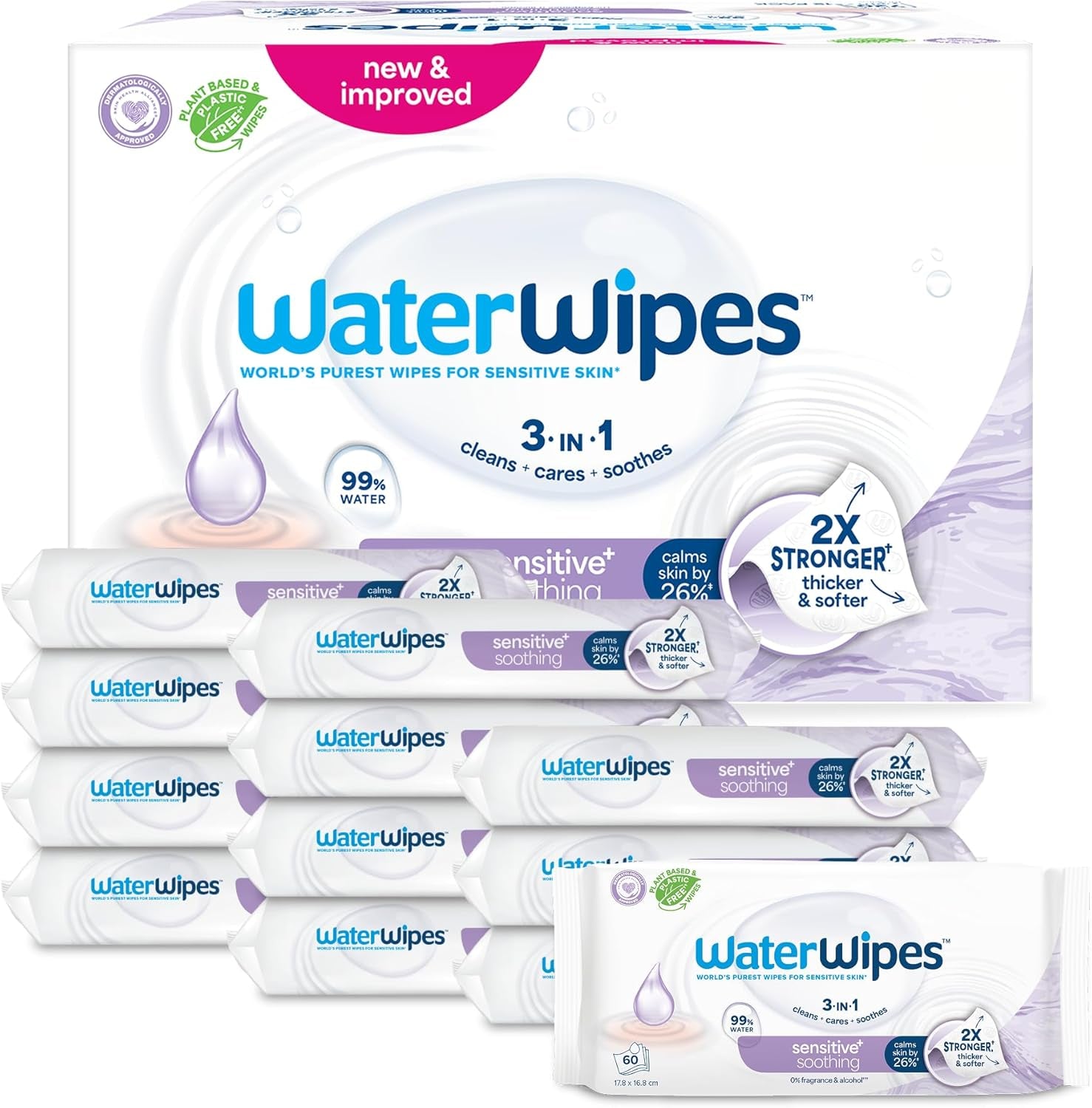 Șervețele umede WaterWipes Sensitive+ Soothing Clean, 360 bucăți (6 pachete), curățare, îngrijire și calmare 3 în 1, 99% apă cu extract de plante, șervețele umede pentru bebeluși fără parfum