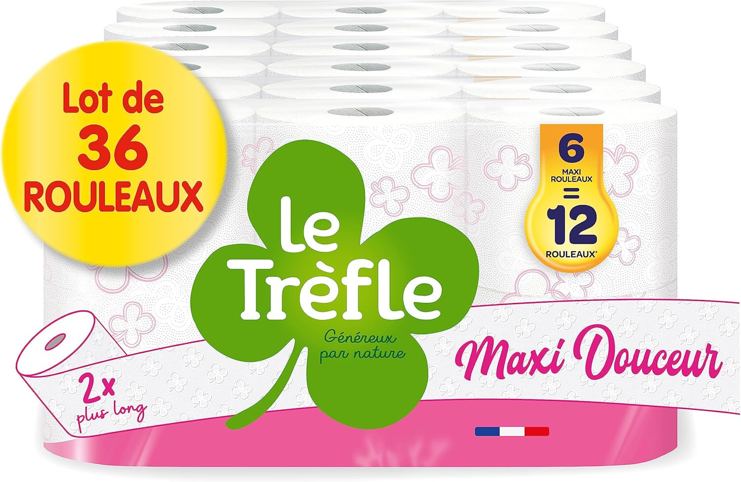 Hârtie igienică Maxi Douceur - 36 de role maxi - 72 de role clasice - grosime dublă - ambalaj din plastic reciclat 80%