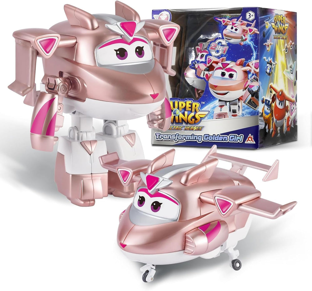 Super Wings Transformation Plane Supercharged Traver, Aprox. 12.7 Cm Figură mare de joacă pentru copii, avion de jucărie și figură de robot pentru băieți și fete de peste 3 ani, argintiu Action figures Naty Shop Fata de aur