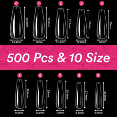 Alyvisun Tips Unghii Balet, 500 Bucăți Tips Unghii Acrilice Cu Acoperire Completă cu 240 Bucăți Set de Autocolante pentru Unghii, 10 Dimensiuni Tips Transparent pentru Unghii cu Gel Tips Unghii cu Gel Moale Tips Unghii Balerina
