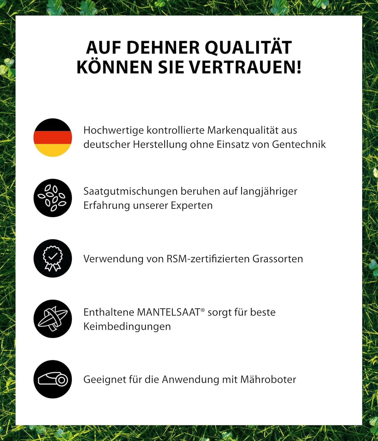 Dehner Saatgut Rasensamen, Mikroklee-Rasen, Hochwertige Saatgutmischung, Selbstdüngend/Selbstkeimend, 625 G, Für Ca. 25 M², Natur