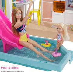 Casă de vis Barbie (114 cm), casă de păpuși cu 3 etaje, piscină, tobogan, lift pentru scaun cu rotile, 75 de accesorii, păpuși, potrivită ca și cadou pentru copii cu vârsta de 3 ani și peste, GRG93