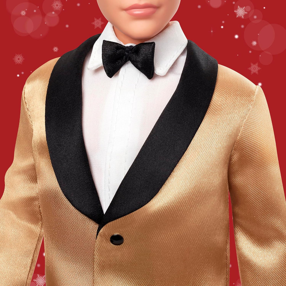 Barbie Signature 2025 Holiday Blonder Ken Modepuppe zum Sammeln in komplettem Anzug mit Goldener Jacke in Einer Verpackung zum Ausstellen und mit Puppenständer, JGK55