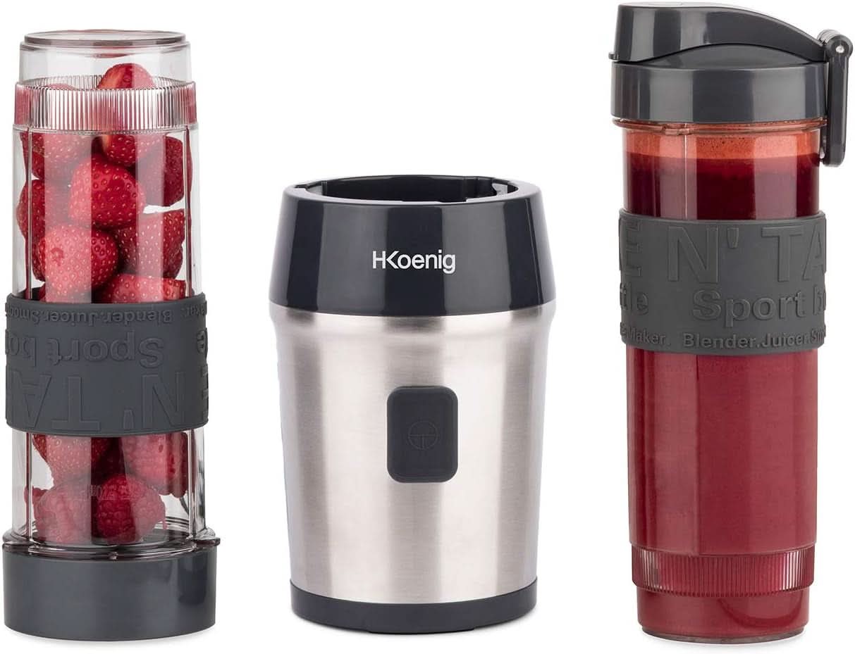 H.Koenig Smoothie Maker SMOO9 - Mini Standmixer - Mini Blender - 300 Watt - 570 Ml - Edelstahl - 2 Kunststofflaschen - Bpa-Frei, Grau Bucatarie Naty Shop