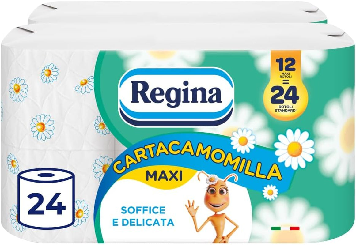 Regina Cartacamomilla - 8 role hârtie igienică, 300 foi pufoase, 3 straturi, moale și consistentă, ambalaj din hârtie reciclabilă