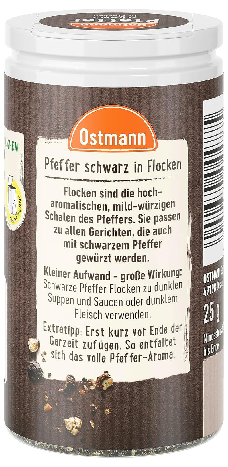 Ostmann Gewürze - Schwarze Pfefferflocken | Grober Pfeffer für intensiv-schwarfen Geschmack | Mit praktischem Streuaufsatz | 25 g in der Streudose