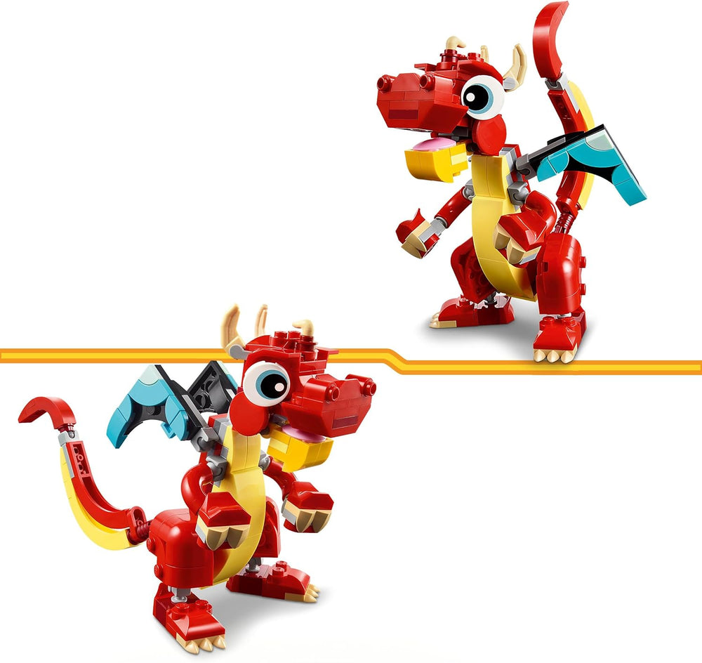 LEGO Creator 3in1 Red Dragon Toy to Fish Figure to Phoenix Bird Model, Animal Figures Set, Gifts for 6 Plus Year Old Boys, Girls and Kids 31145