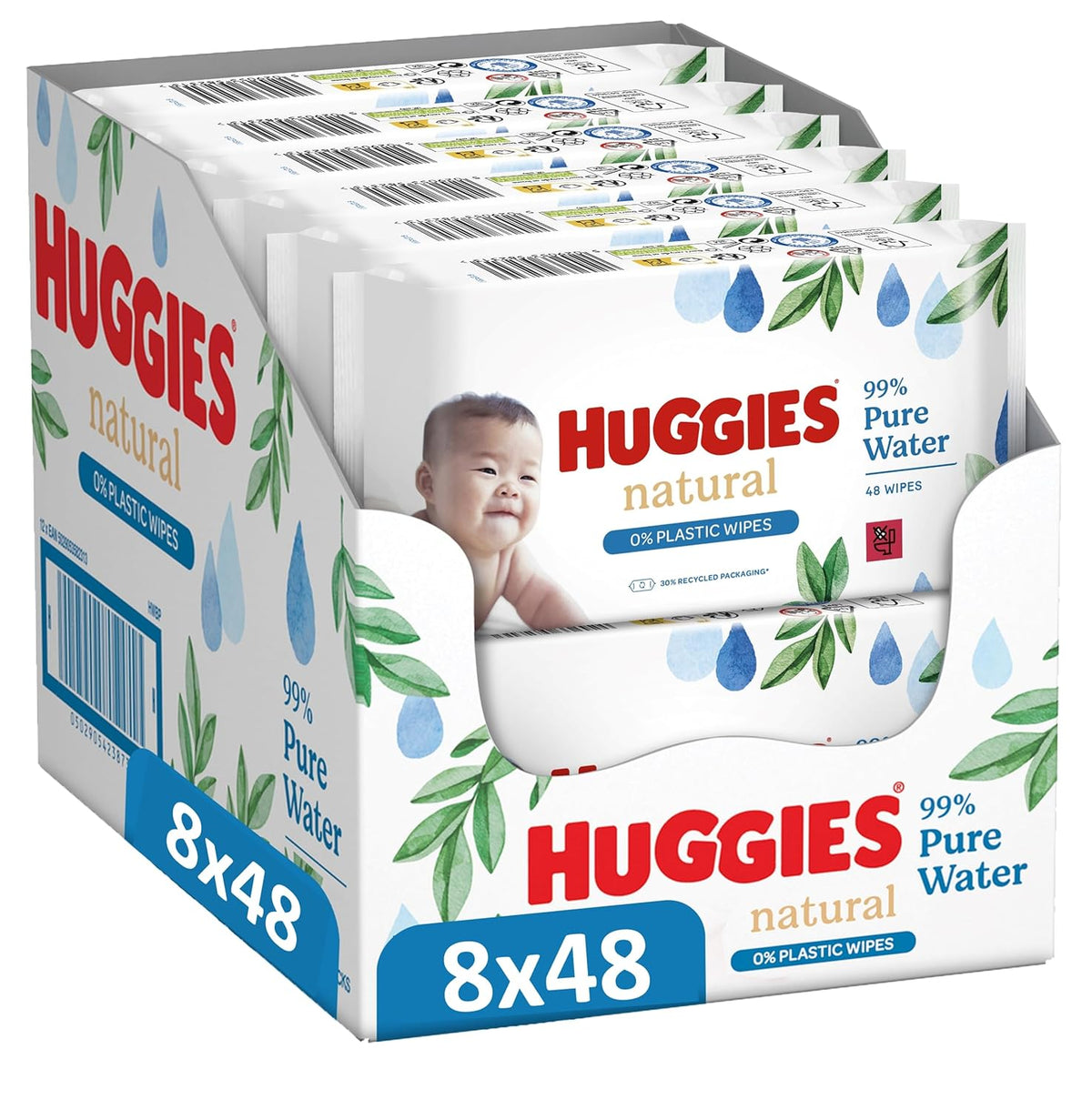 Șervețele umede Huggies naturale biodegradabile pentru bebeluși sensibili, 8 x 48 de șervețele, pachet vrac