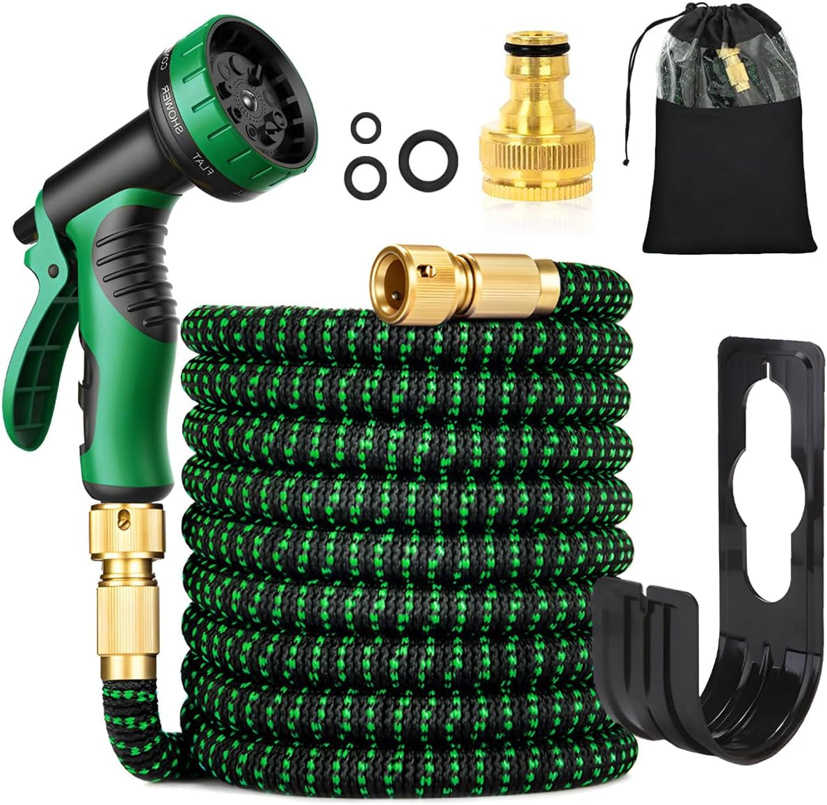 Furtun flexibil de grădină 30m/100ft verde, cu duză de pulverizare și conectori din alamă de 3/4" și 1/2", furtun de apă extensibil cu 10 funcții, extensibil de 3 ori, fără îndoituri, pentru grădină, podea, terasă, mașină