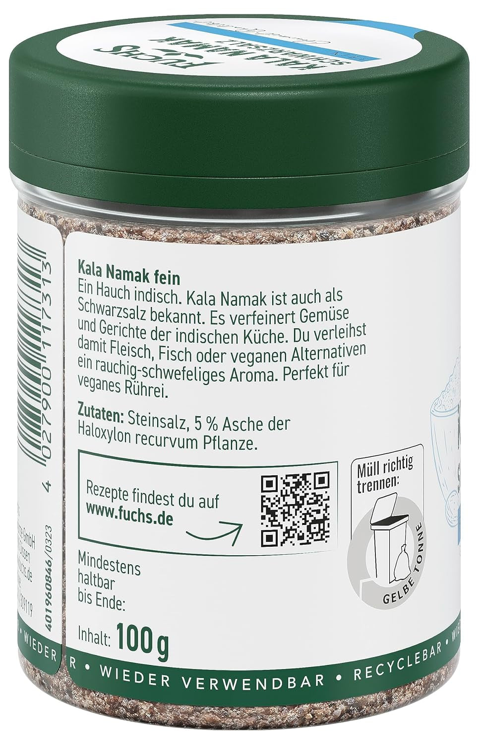 Fuchs Gewürze - Kala Namak - Schwarzsalz - Gewürzsalz für veganes Rührei - natürliche Zutaten - 100 g in wiederverwendbarer, recyclebarer Dose