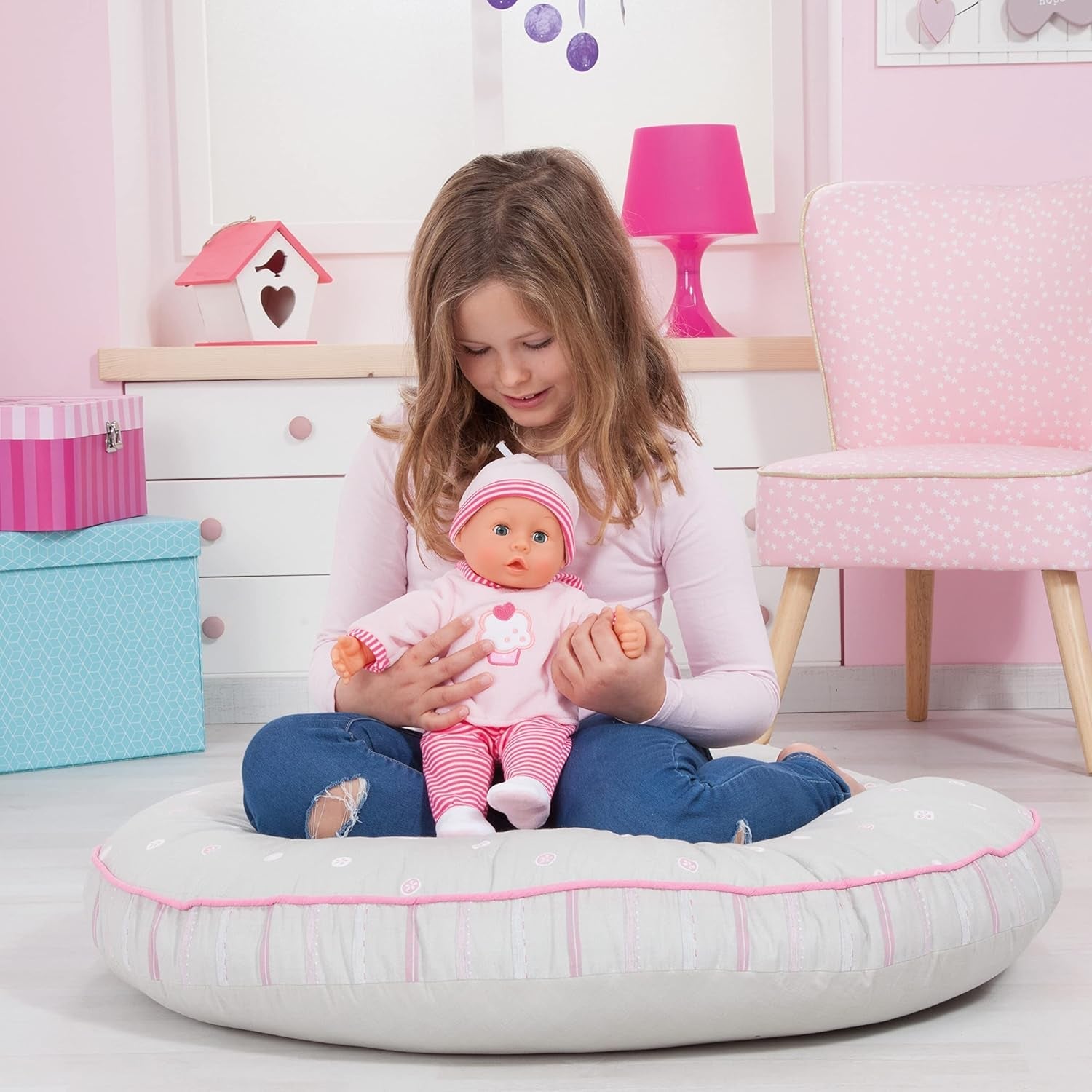 Babypuppe First Words mit Schlafaugen, spricht 24 Babylaute, mit Schnuller und Flasche, 38 cm, Rosa/Streifen