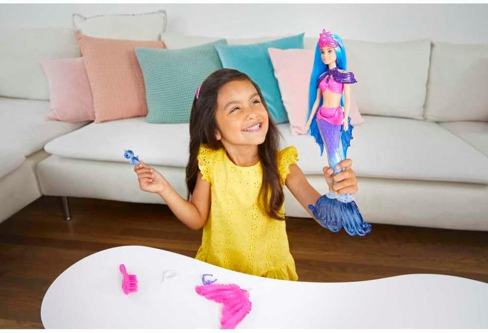 Barbie Mermaid Power, Puppe Meerjungfrau, Puppe mit blauen und lila Haaren, Meerjungfrauenschwanz mit austauschbaren Flossen, Zubehör, Geschenke für Kinder ab 3 Jahren,HHG52
