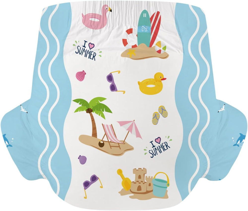 Scutece pentru adulți CutiePlusU, 10 bucăți, scutece de unică folosință cu tablă pentru femei și bărbați, absorbție maximă peste noapte - I Love Summer (Mărime medie 71-96 cm)