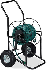 Cărucior furtun Relaxdays, rolă furtun mobilă, racord 1/2" și 3/4", furtun până la 80 m, 2 roți, metal, negru