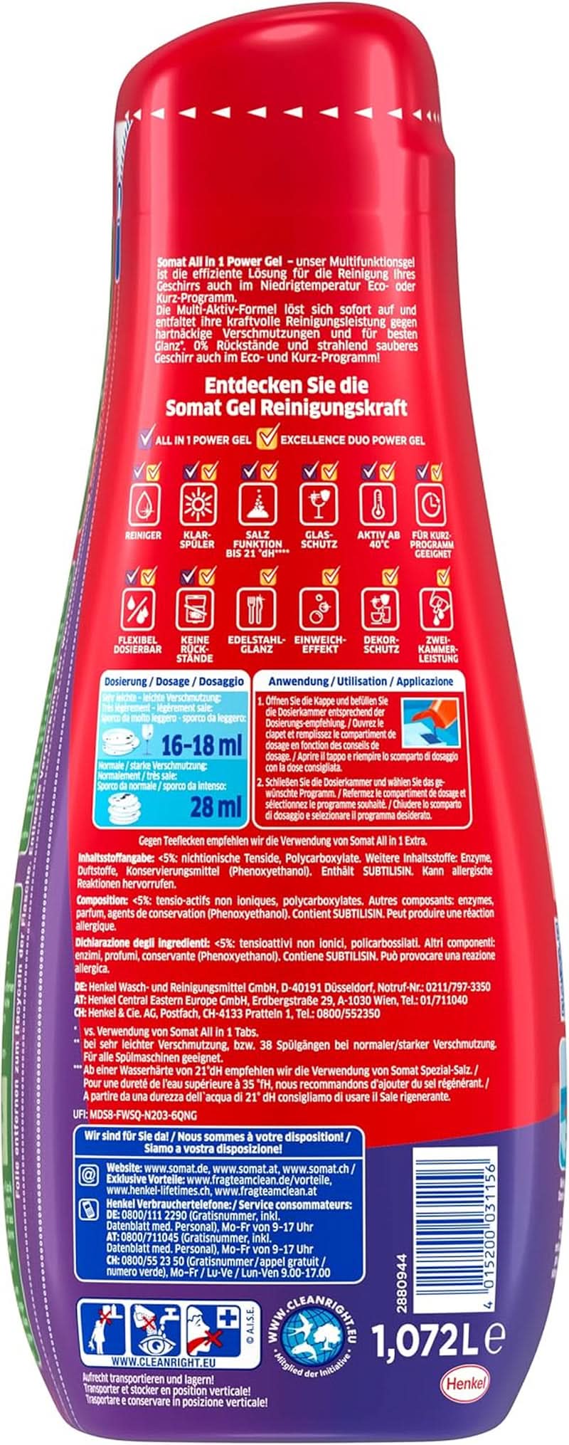 Somat All in 1 Power Gel (67 cicluri de clătire), Lichid de spălat vase pentru curățare puternică Naty Shop