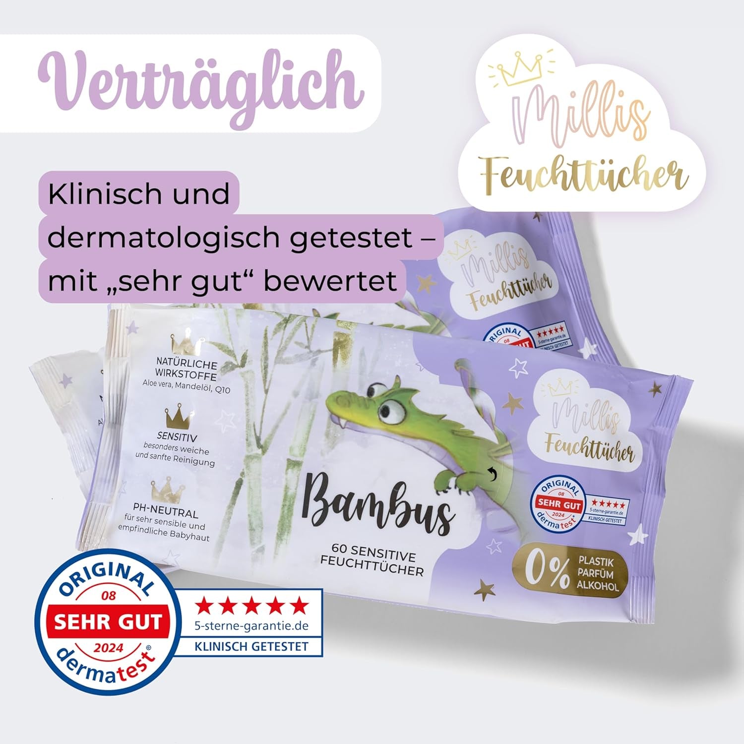 Șervețele umede Millis Bamboo Baby Sensitive pentru pielea delicată a bebelușilor – 5 x 60 bucăți – Curățare naturală, blândă și sustenabilă – Șervețele biodegradabile pentru bebeluși, fără plastic și fără alcool