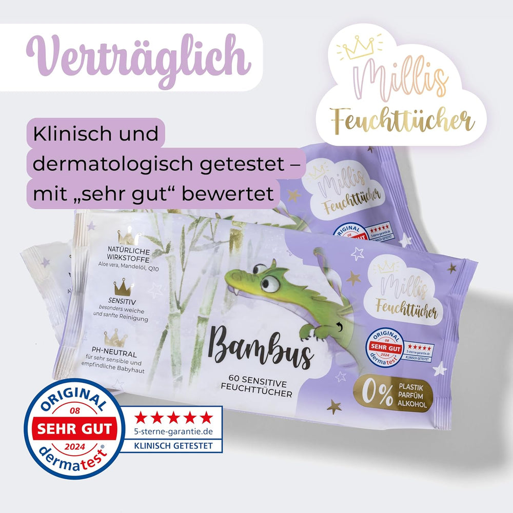 Șervețele umede Millis Bamboo Baby Sensitive pentru pielea delicată a bebelușilor – 5 x 60 bucăți – Curățare naturală, blândă și sustenabilă – Șervețele biodegradabile pentru bebeluși, fără plastic și fără alcool