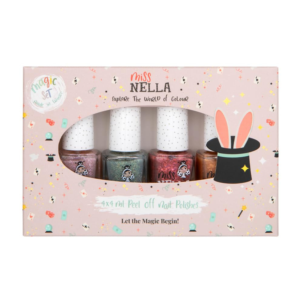 Set de ojă cu sclipici Miss Nella Magic Collection, 4 piese: roz, roșu, auriu și albastru, ojă detașabilă specială pentru copii, non-toxică, pe bază de apă și inodoră