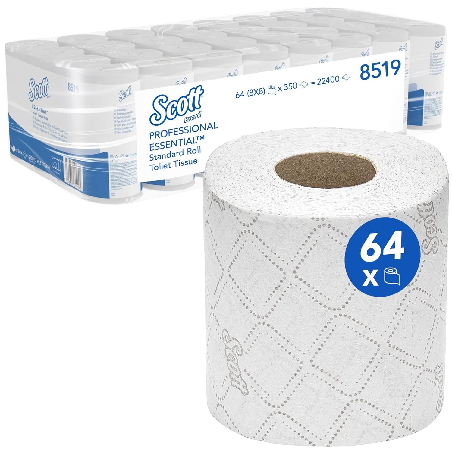 Hârtie igienică Scott® Essentialtm 8519, hârtie igienică albă cu 2 straturi, certificată Fsc și fabricată din fibre reciclate, 64 role de hârtie igienică X 350 coli (22.400 coli în total)