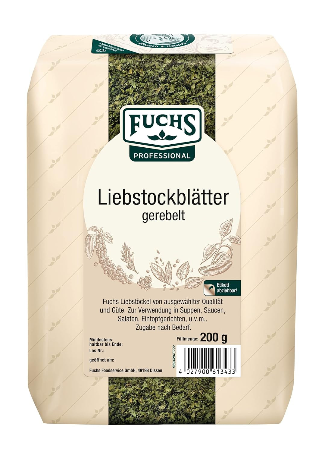 - Liebstockblätter gerebelt | Für salzarme Küche geeignet, passt zu Eintöpfen oder Salaten | Profi-Qualität für Großverbraucher | 0,25 kg im recyclebaren Beutel