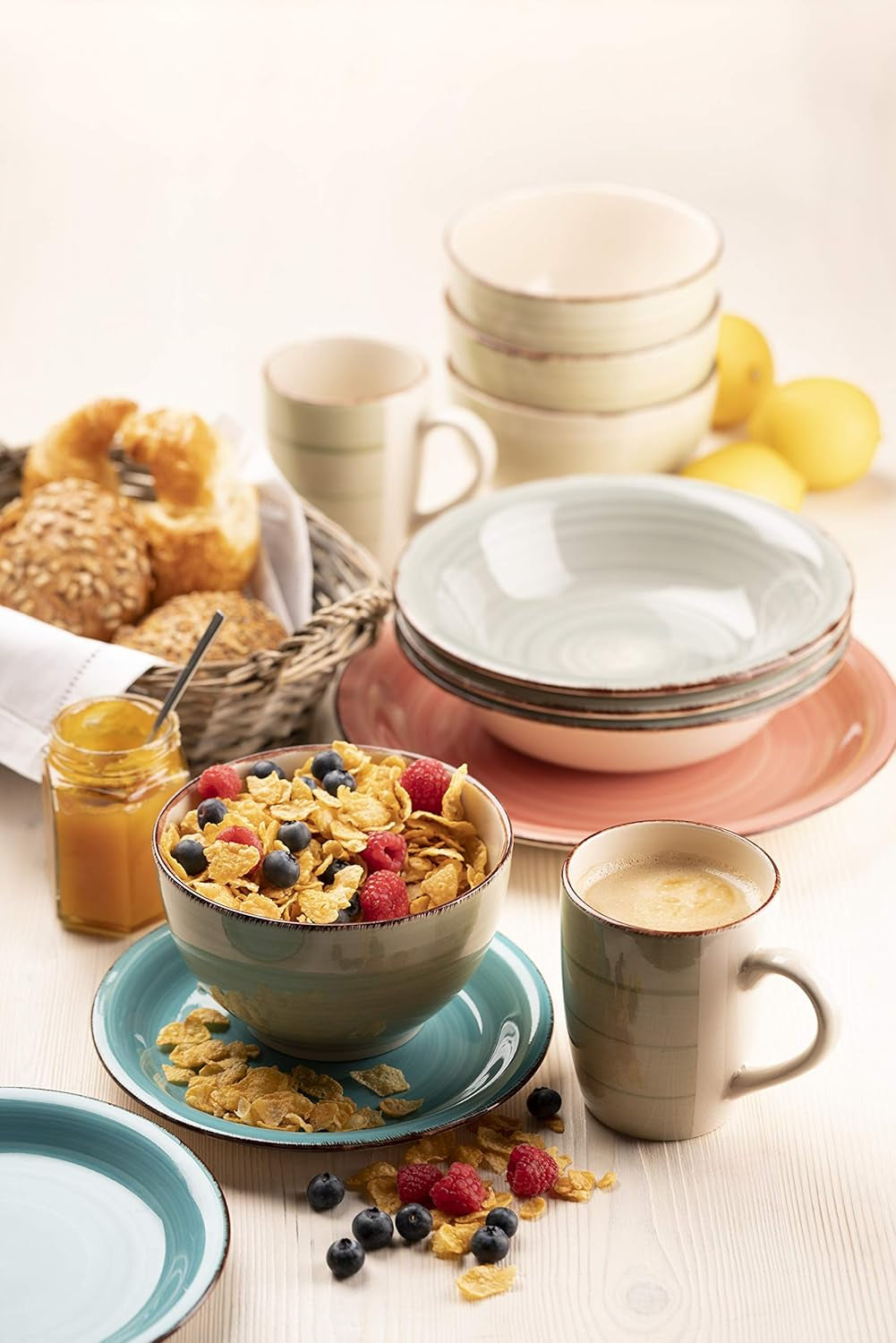 Set de veselă MÄSER pentru 6 persoane, aspect vintage modern, serviciu de masă cu 12 piese, pictat manual, albastru, gresie, albastru fumuriu (Bel Tempo II)