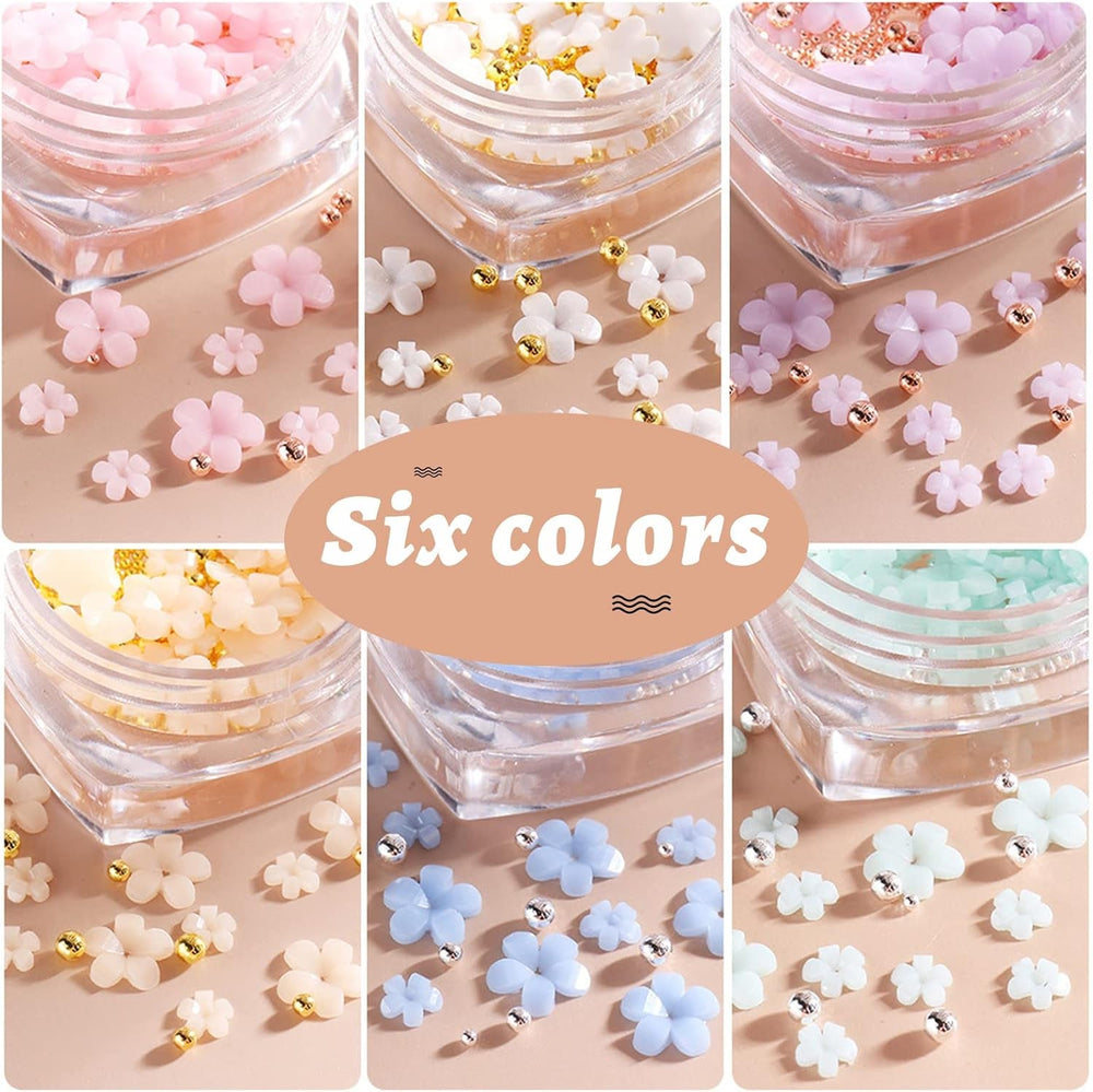 6 Box 3D Blumen Nagelkunst Charms, Acryl Blumen Nagel Strass Mit Gold Und Silberperlen Ornamenten, Nagel Edelsteine, Nagel Zubehör Für Mädchen, Frauen, DIY Nageldesign, Basteldekoration…