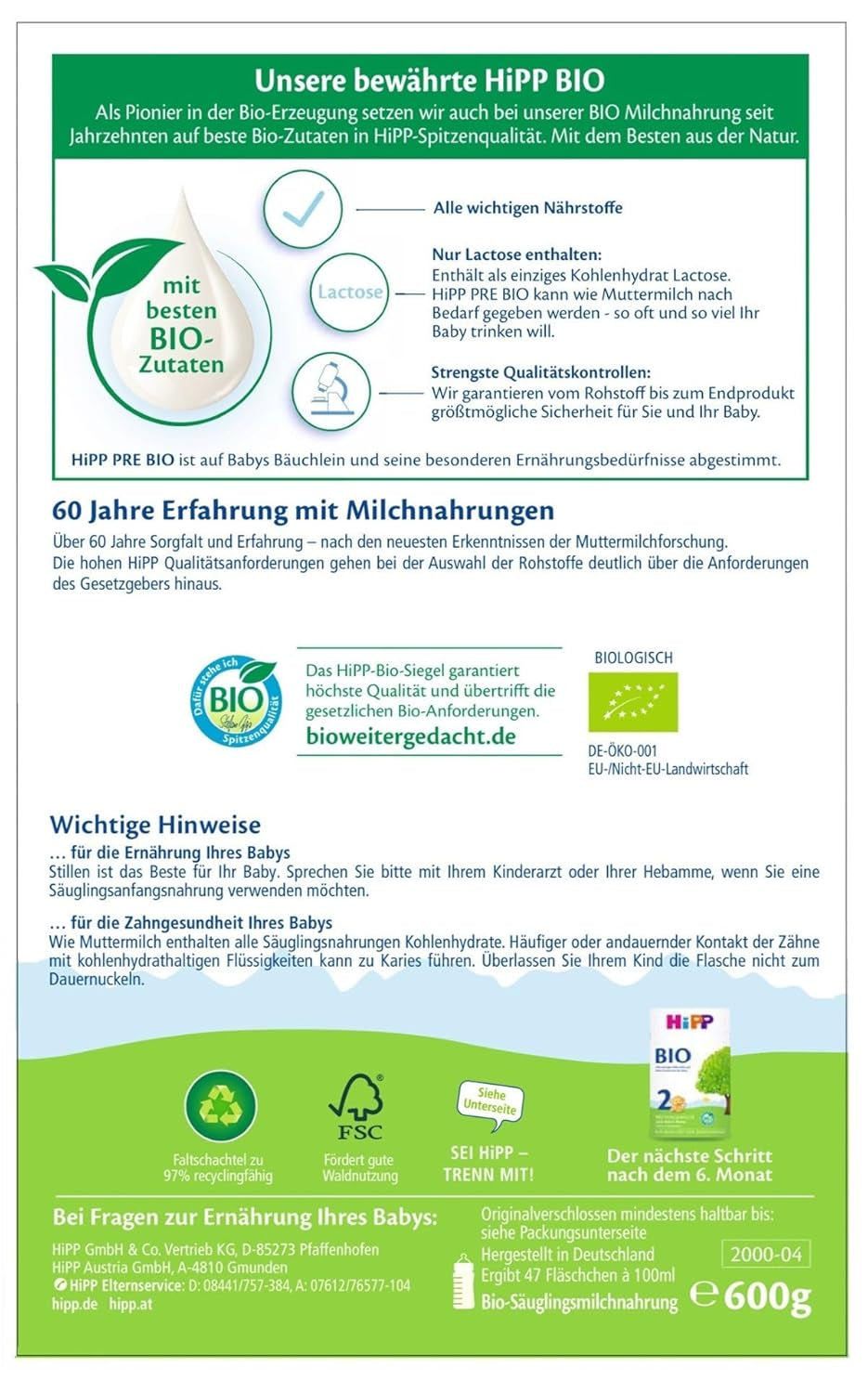 Lapte pentru sugari organic HiPP PRE (4 x 600g), de la naștere, conține doar lactoză ca și carbohidrat, de cea mai bună calitate organică