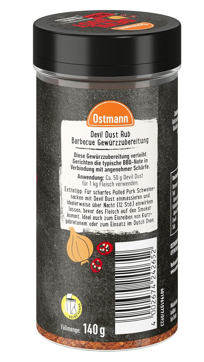 Ostmann Gewürze - Devil Dust | BBQ Rub Gewürzzubereitung | Scharfe Trockenmarinade für Grillfleisch | 140 g im Streuer
