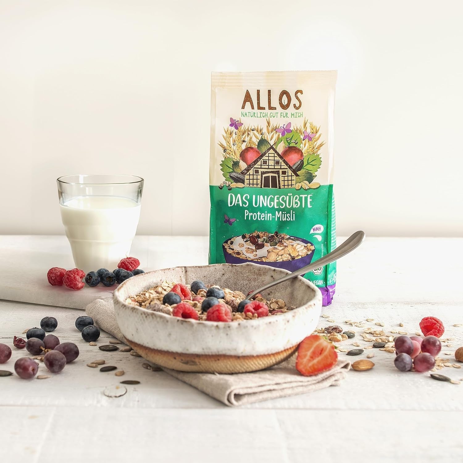 Muesli proteic neîndulcit Allos | Muesli organic | Fulgi de ovăz | Cereale pentru micul dejun | Vegan (5 x 450g), 1 bucată (pachet de 5)
