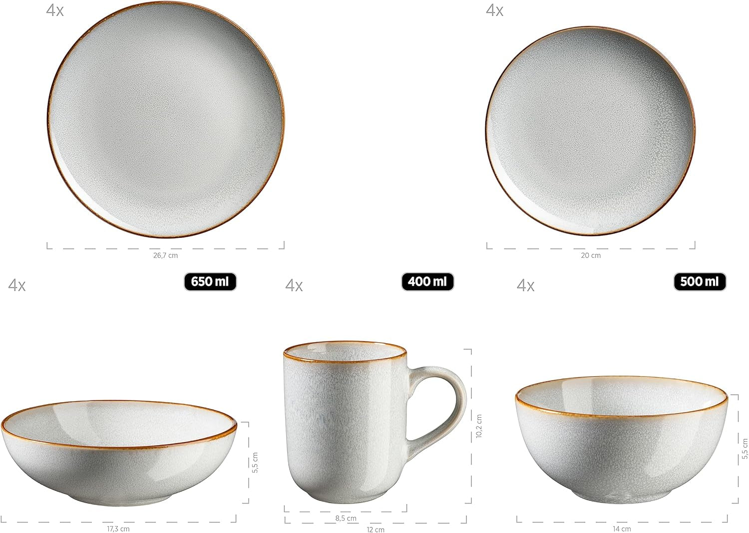 MÄSER Mabella, Set de veselă vintage pentru 4 persoane, Serviciu combinat de 20 de piese cu glazură reactivă rafinată și margine fină maro, Gresie, Gri-Bej