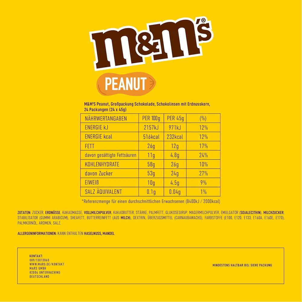 M&M's Peanut, pachet vrac de ciocolată, 24 x 45g, linte cu ciocolată și aromă de arahide, cadou de ciocolată (1080g), ideal ca delicatesă cu tematică de fotbal american