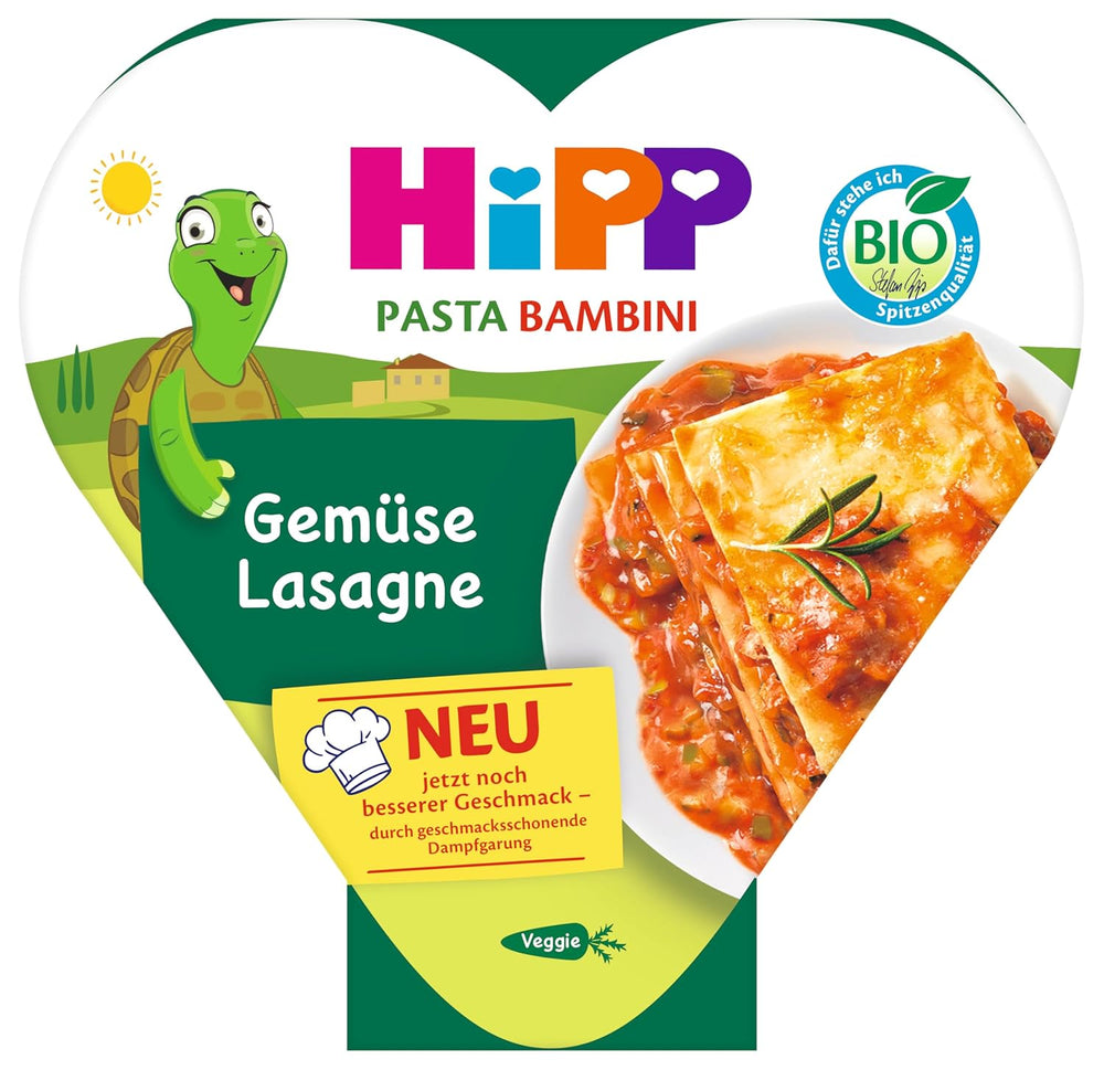 Lasagna cu legume organice HiPP (6 x 250g), masă de la 1 an, aburită ușor, vegetariană, condimentată pentru copii, calitate organică