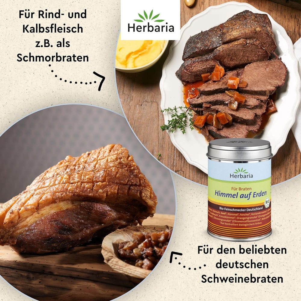 Herbaria Himmel auf Erden bio 100g M-Dose – fertiges Bio-Gewürzsalz für Rind-, Kalb- und Schweinefleisch als Braten oder Kurzgebratenes – in nachhaltiger Aromaschutz-Dose