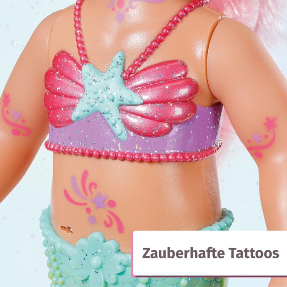 BABY Born Little Sister Mermaid 46 cm, Păpușă sirenă impermeabilă cu păr lung și aripioară mobilă cu sclipici, incl. tiară și pieptene, 833681 Zapf Creation Papusi Naty Shop