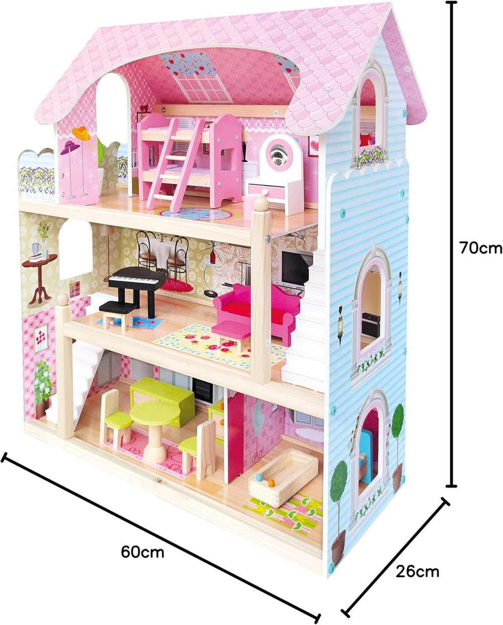 Bino World of Toys Casă de păpuși cu balcon, Jucărie pentru copii mici de la 3 ani, cu 3 etaje, scări, 4 camere și balcon incl. 15-TLG. Accesorii, Pentru a promova abilitățile copiilor, Design roz Casute de papusi Naty Shop