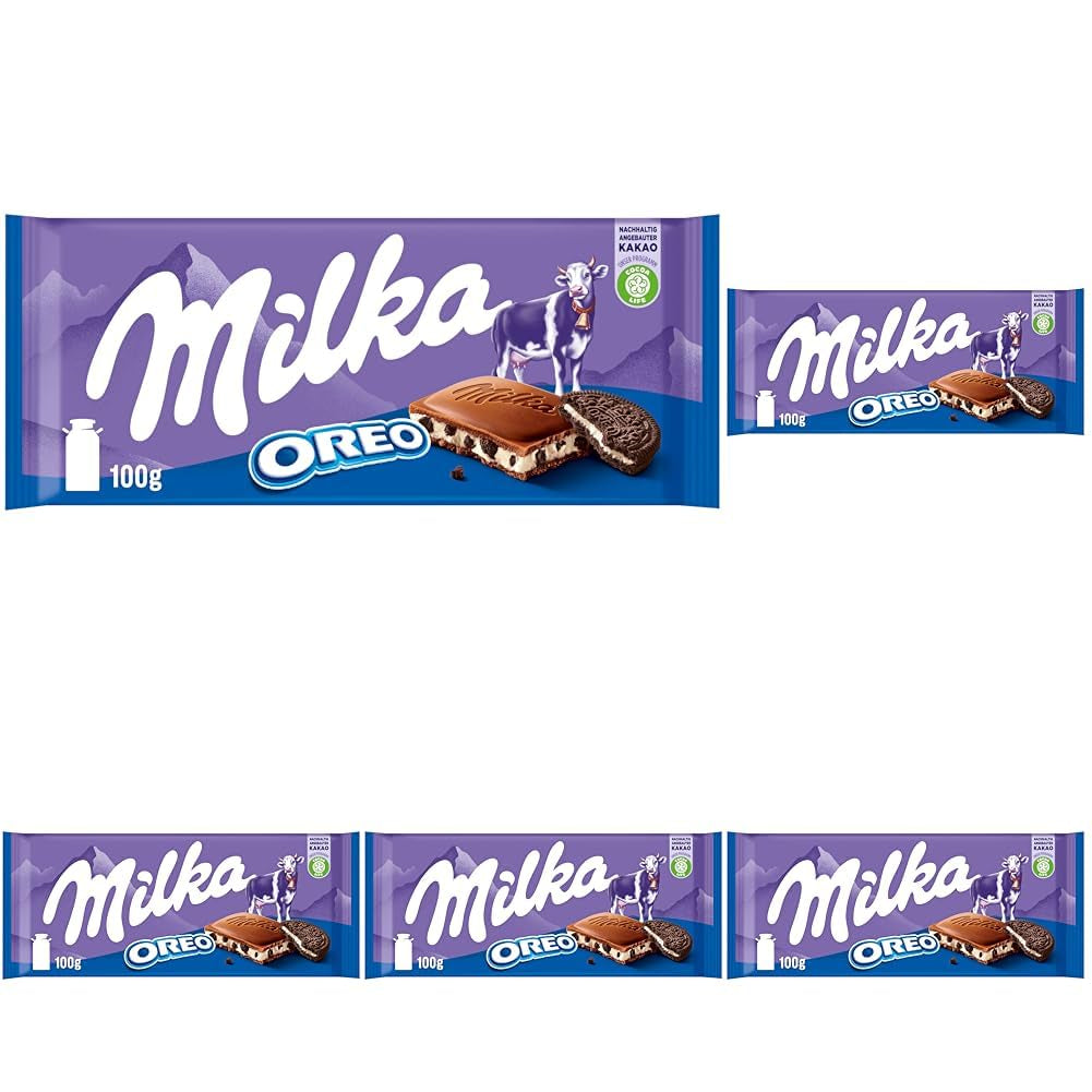 Milka Oreo – Ciocolată cu lapte alpină umplută cu bucățele crocante de biscuiți Oreo și cremă fină de vanilie – 100g