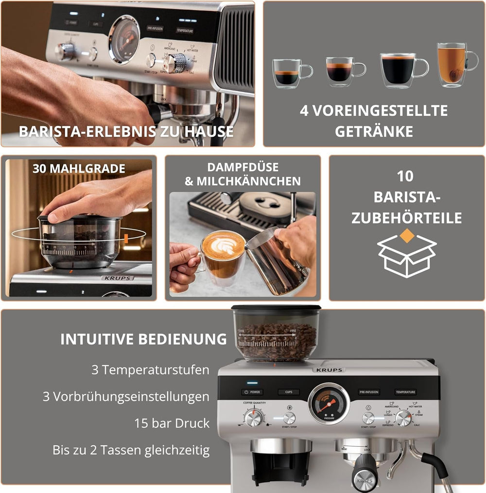 Espressor manual Krups Precision cu portafiltru și râșniță, aparat de cafea barista cu panou de control intuitiv, setări de pre-infuzare, espressor cu duză de abur, încălzire rapidă, XP801T10