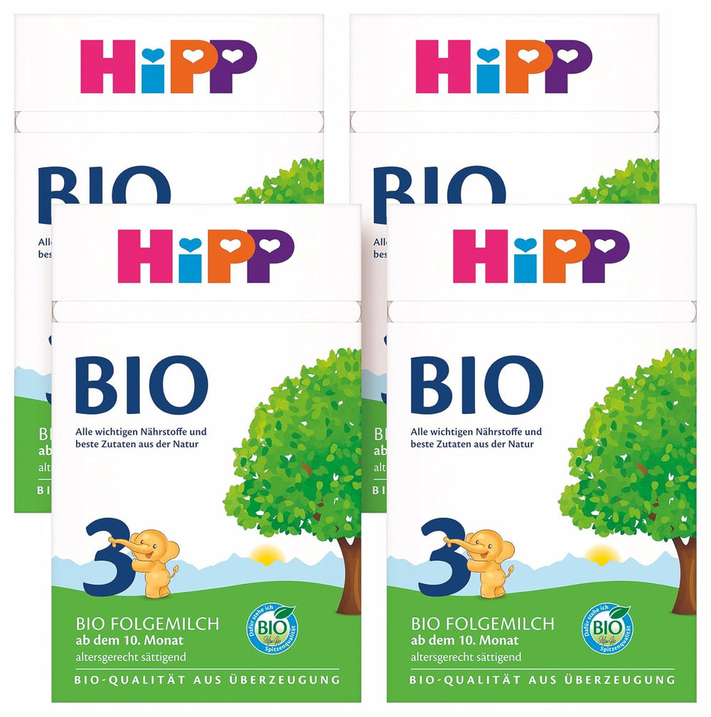 Lapte de continuare HiPP 3 Organic (4 x 600g) - după 10 luni, cu Omega-3 (DHA, ALA), Calciu, Vitamina D, de cea mai bună calitate organică