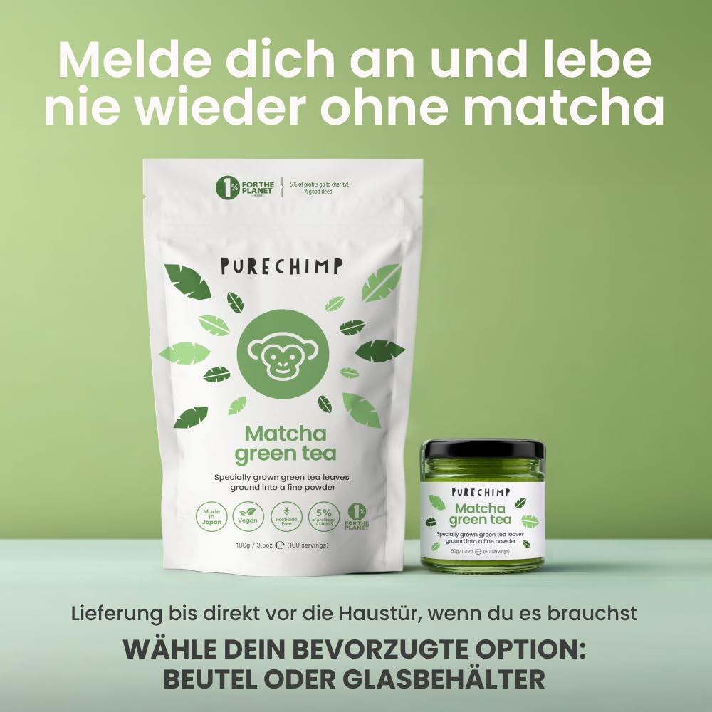 Purechimp Matcha ceremonial 100 g. Pulbere de ceai 100% pură din culturi umbrite pentru latte, infuzii și rețete. Pungă compostabilă. Bogată în antioxidanți.