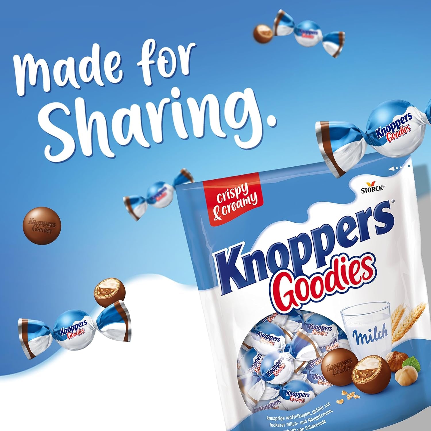 Knoppers Goodies Crunchy Minis – 1 x 180g – bile crocante de napolitană umplute cu bucăți de alune, lapte și cremă de nuga, acoperite cu ciocolată