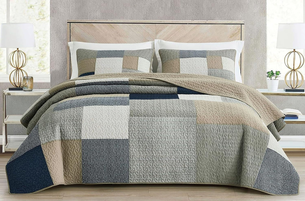 Chezmoi Collection Addy Patchwork Quilt Set bumbac pre-spălat, ușor, reversibil, pentru toate anotimpurile, supradimensionat, 3 piese, albastru marin, alb, gri, taupe, în carouri Plapumi si pilote Naty Shop