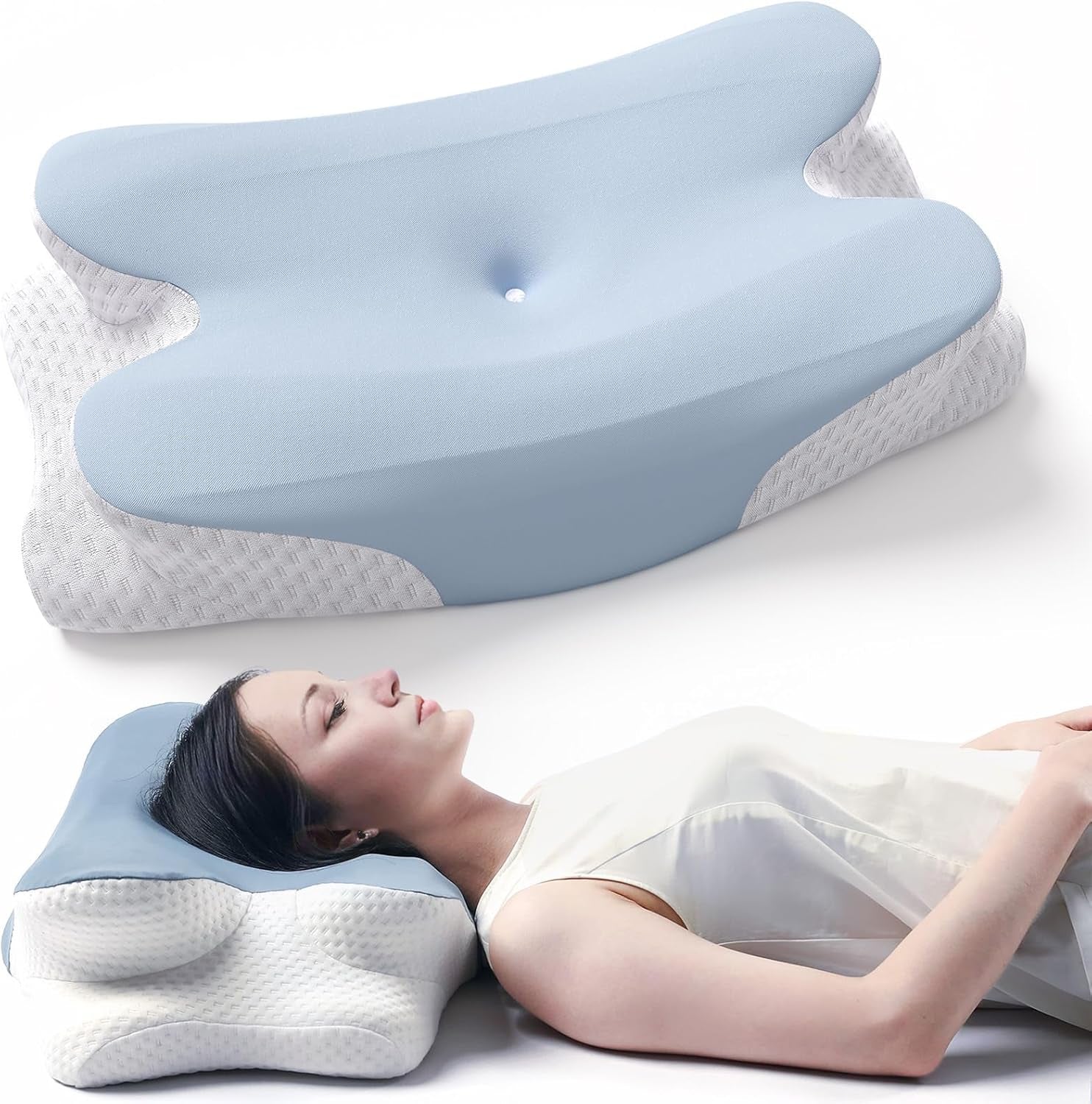 RUMMY Pernă ergonomică de susținere a gâtului din spumă cu memorie, cu husă detașabilă, lavabilă, pentru cei care dorm lateral și pe burtă (gri) Perne ortopedice cervicale Naty Shop Albastru