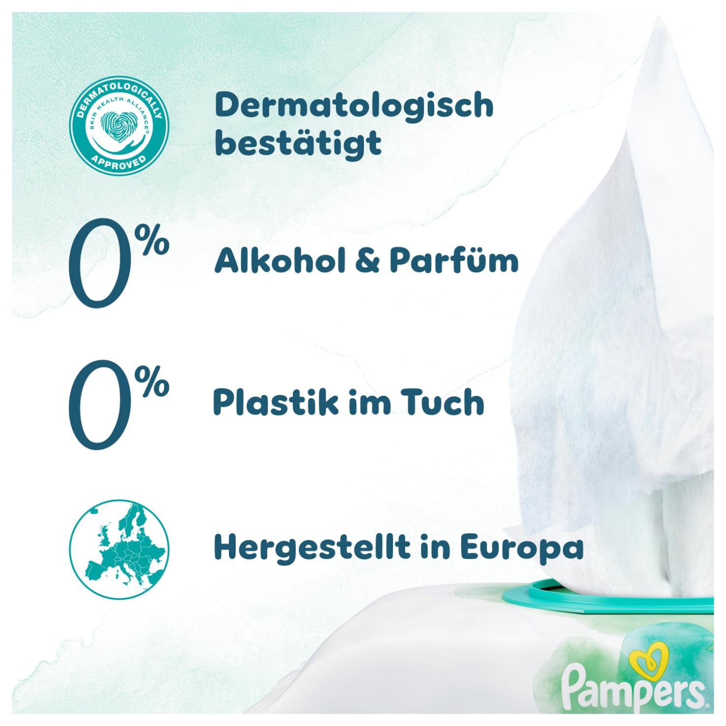 Șervețele umede Pampers Harmony Aqua, 6 pachete a câte 48 de șervețele fiecare, 288 de șervețele în total, ajutând la restabilirea echilibrului natural al pH-ului pielii, loțiune ușoară cu 99% apă