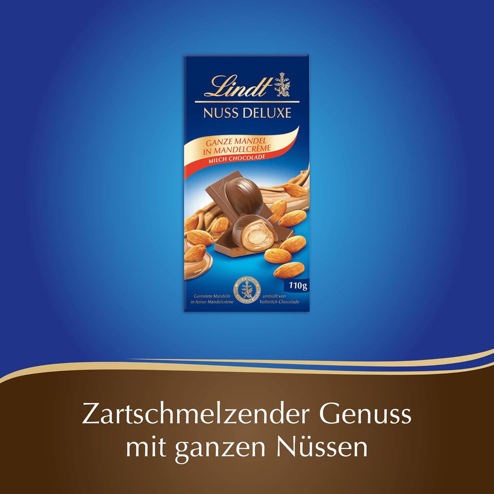 Lindt Chocolate | NUT DELUXE Baton de ciocolată cu lapte și migdale | 110g | Ciocolată cu lapte cu migdale prăjite într-o cremă fină de migdale | Baton de ciocolată