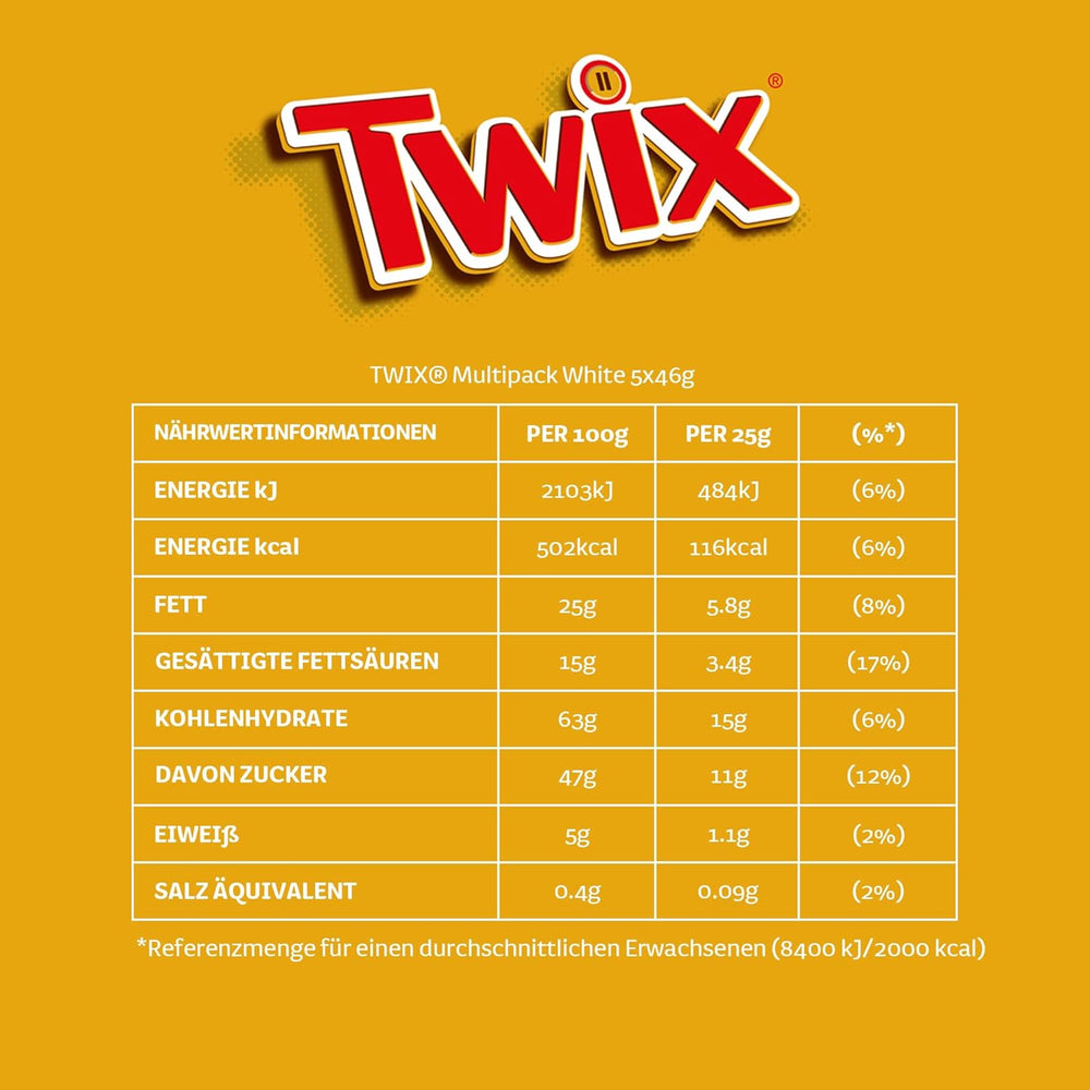 Batoane Twix de ciocolată albă; caramel, biscuiți, ciocolată albă; pachet multiplu de ciocolată; 5 batoane (5 x 46 g)