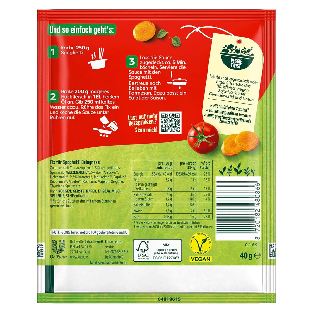 Knorr Fix Würzmischung Spaghetti Bolognese für ein leckeres Nudelgericht mit natürlichen Zutaten 40 g