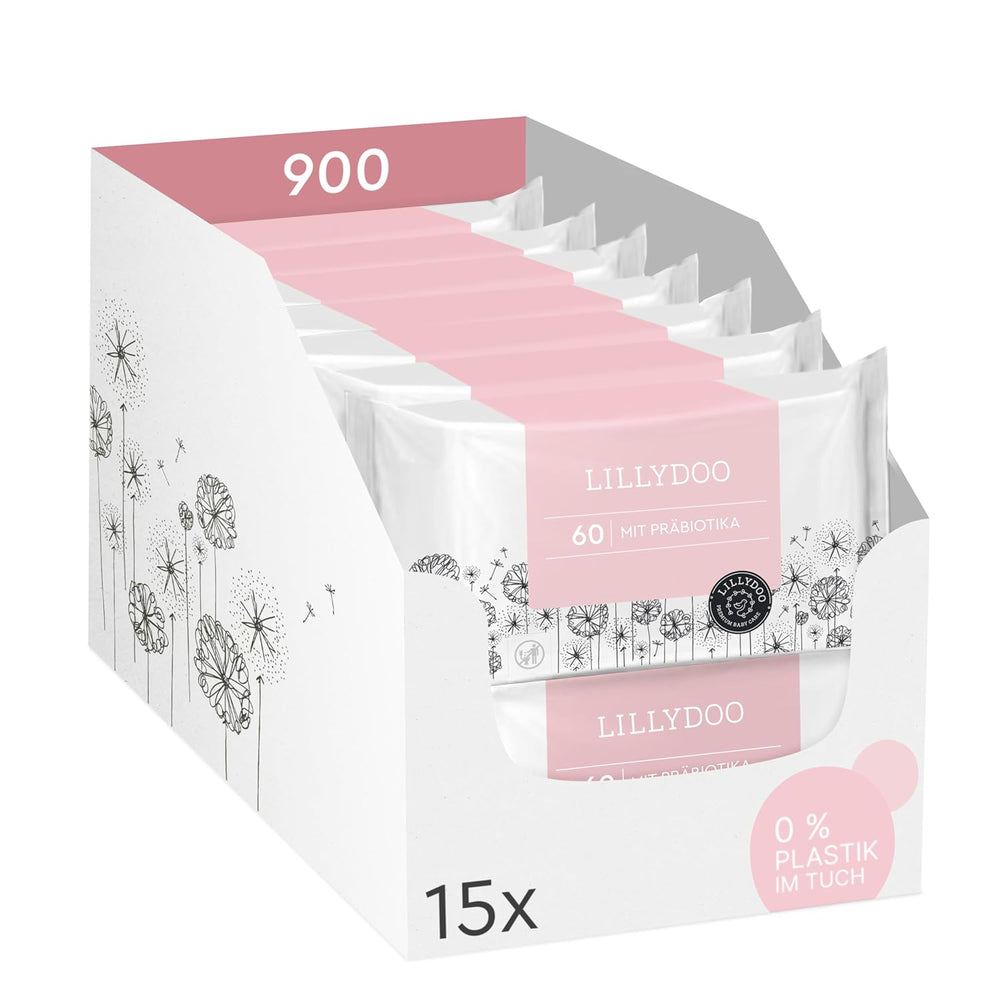 Șervețele umede LILLYDOO verzi, 600 bucăți (10 x 60), șervețel 100% fără plastic, rezistent la rupere - fără parfum, delicate și naturale, curățare delicată pentru pielea sensibilă, testate dermatologic