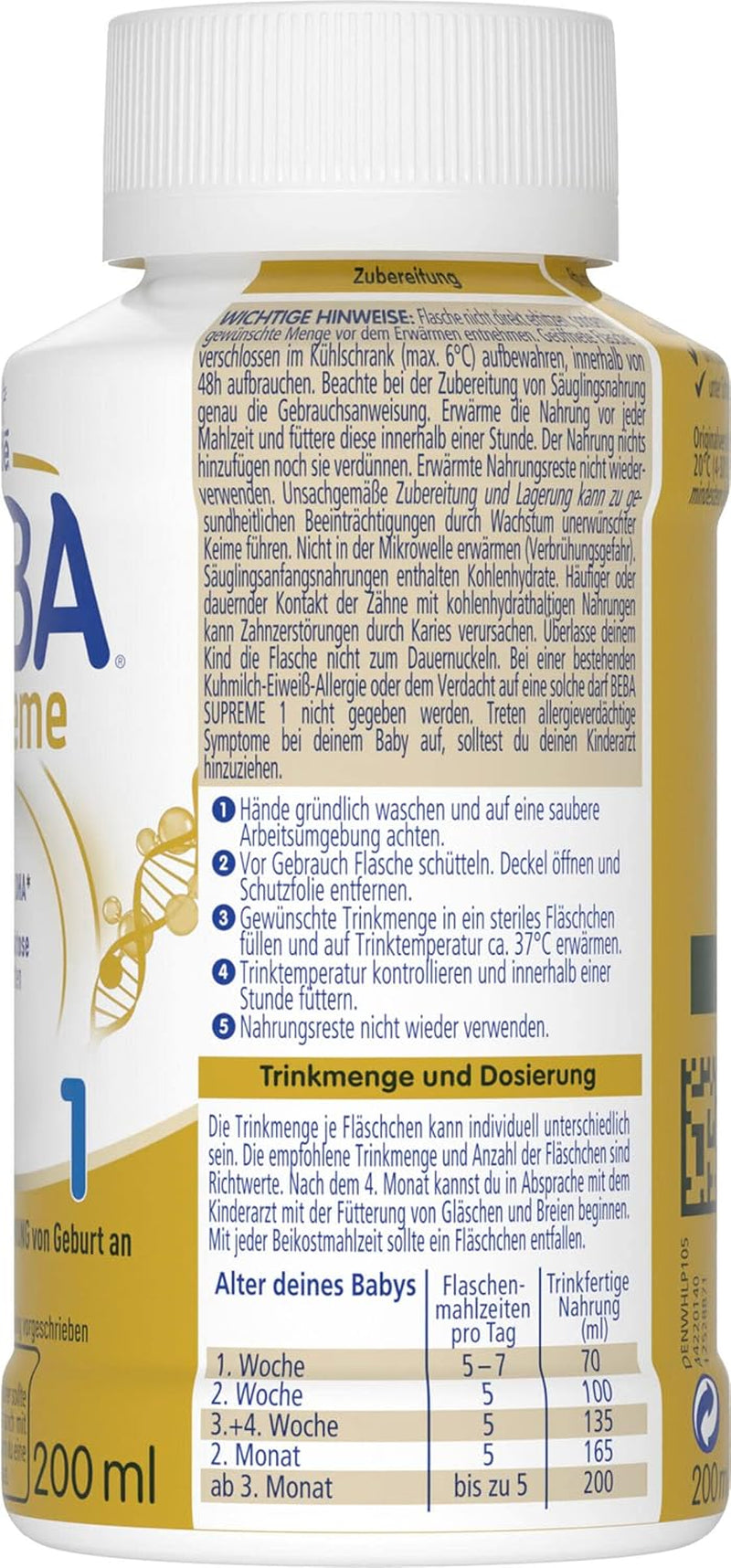 BEBA Nestlé BEBA SUPREME 1 Formulă pentru sugari: Biberoane gata de băut, cu Omega 3, 1 pachet (1 x 200 ml)