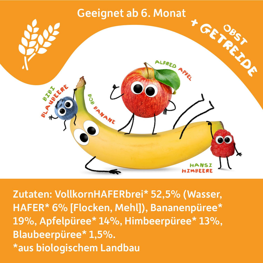 FRECHE FREUNDE Pliculeț cu fructe organice Banană, Măr, Zmeură, Afine cu ovăz, Piure de fructe cu cereale într-un pliculeț compresibil pentru bebeluși de la 6 luni, Vegan, Pachet de 6 (6 x 100g)